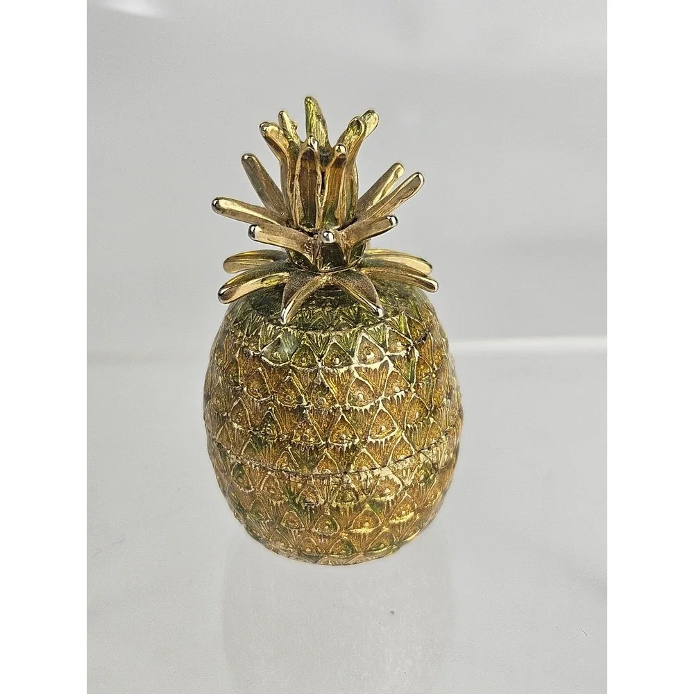 Monet Enameled Pineapple Keepsake Pill‎ Trinket Box Gold Tone